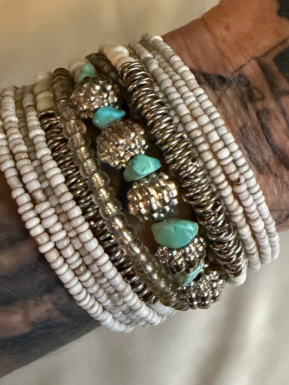 Hand Crafted Boho Layered Bone Silver w/Turquoise Beaded Cuff Wrap Bracelet